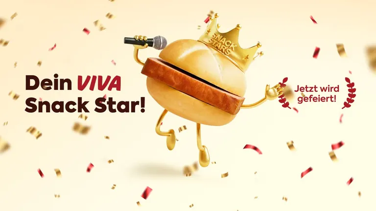 Eine Leberkässemmel mit einer Krone und einem Mikrofon in der Hand, Konfetti fällt 