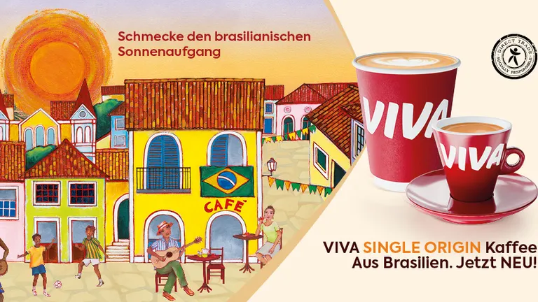 Bild das eine Zeichnung eines brasilianischen Cafe's auf der linken Seite und den neuen VIVA Kaffee auf der rechten Seite zeigt